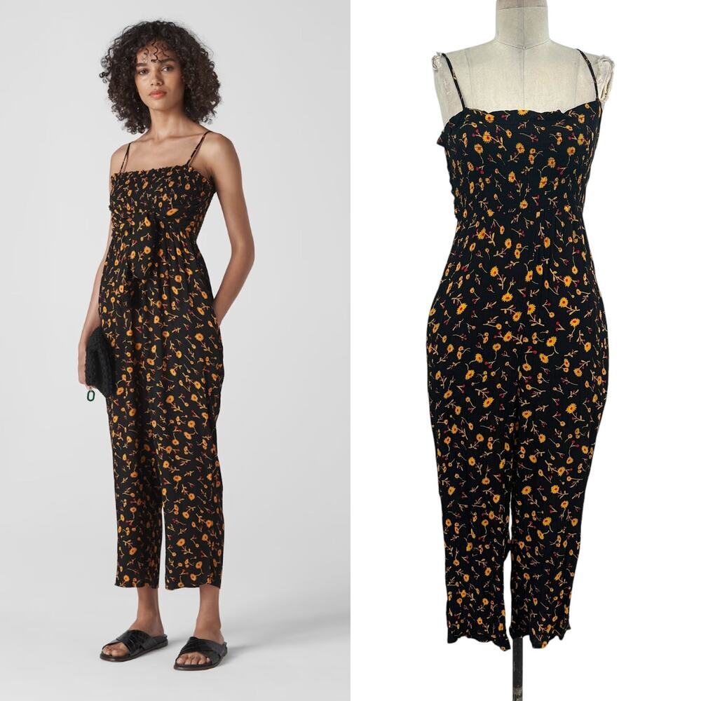 Whistles Aster Floral Textured Jumpsuit Black Yellow Print Size 0